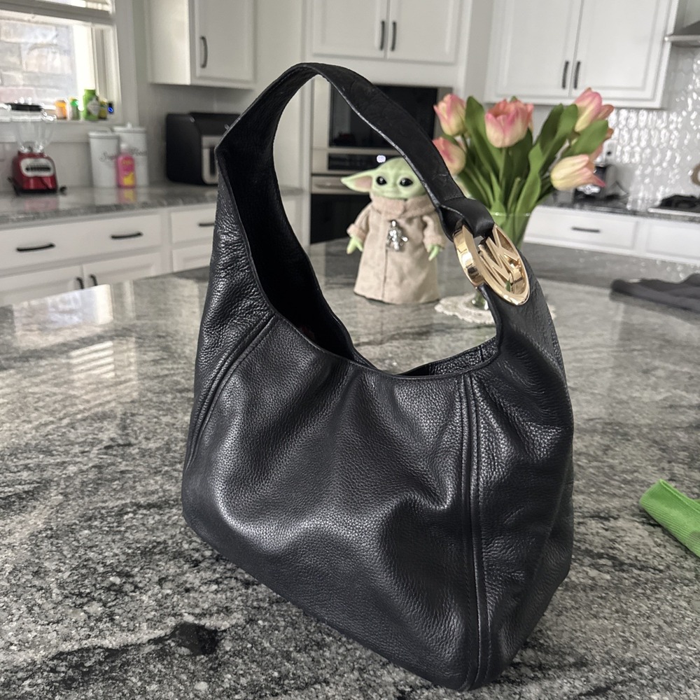 Michael Kors Fulton Large Black Pebbled Leather Hobo Shoulder Bag Gold MK
